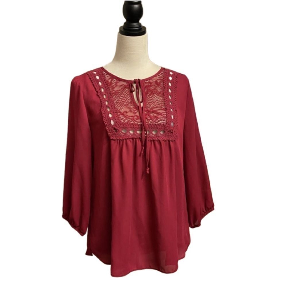 Iz Byer Red Pullover Blouse w/Lace Top & Elastics on Sleeves (Size: Large)